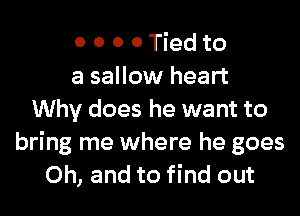 0 0 0 0 Tied to
a sallow heart
Why does he want to
bring me where he goes
Oh, and to find out