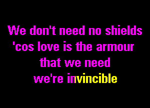 We don't need no shields
'cos love is the armour

that we need
we're invincible