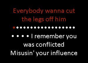 Everybody wanna cut
the legs off him

OOOOOOOOOOOOOOOOOO

o 0 0 0 I remember you
was conflicted
Misusin' your influence