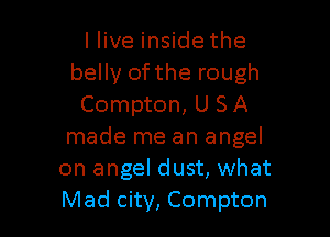 llive inside the
belly ofthe rough
Compton, U S A

made me an angel
on angel dust, what
Mad city, Compton