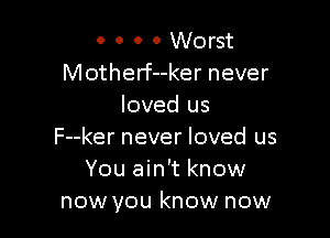 0 0 0 0 Worst
Motherf--ker never
loved us

F--ker never loved us
You ain't know
now you know now