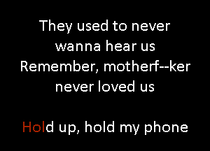They used to never
wanna hear us
Remember, motherf--ker
never loved us

Hold up, hold my phone