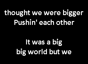 thought we were bigger
Pushin' each other

It was a big
big world but we