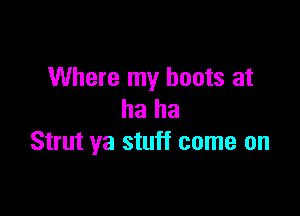 Where my boots at

ha ha
Strut ya stuff come on