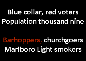 Blue collar, red voters
Population thousand nine

Barhoppers, churchgoers
Marlboro Light smokers