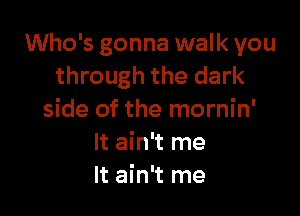 Who's gonna walk you
through the dark

side of the mornin'
It ain't me
It ain't me