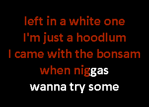 left in a white one
I'm just a hoodlum
I came with the bonsam
when niggas
wanna try some