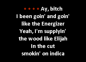 o o o 0 Av, bitch
I been goin' and goin'
like the Energizer

Yeah, I'm supplyin'
the wood like Elijah
In the cut
smokin' on indica