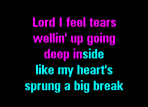 Lord I feel tears
wellin' up going

deep inside
like my heart's
sprung a big break