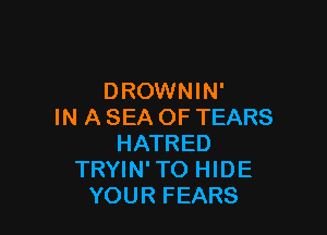 DROWNIN'
IN A SEA OF TEARS

HATRED
TRYIN'TO HIDE
YOUR FEARS