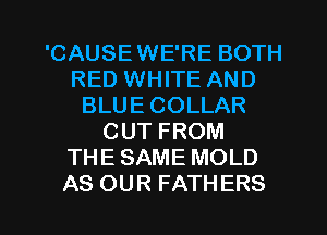 'CAUSEWE'RE BOTH
RED WHITE AND
BLUE COLLAR
CUT FROM
THE SAME MOLD

AS OUR FATHERS l