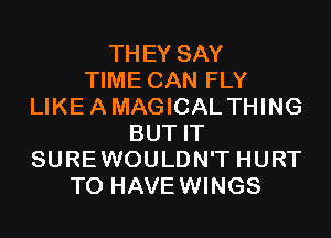 THEY SAY
TIME CAN FLY
LIKEAMAGICAL THING
BUT IT
SUREWOULDN'T HURT
T0 HAVEWINGS