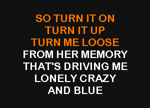 SO TURN IT ON
TURN IT UP
TURN ME LOOSE
FROM HER MEMORY
THAT'S DRIVING ME
LONELY CRAZY
AND BLUE