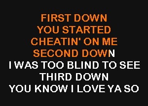 FIRST DOWN
YOU STARTED
CHEATIN' ON ME
SECOND DOWN
I WAS T00 BLIND TO SEE
THIRD DOWN
YOU KNOW I LOVE YA SO