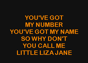 YOU'VE GOT
MY NUMBER
YOU'VE GOT MY NAME
80 WHY DON'T
YOU CALL ME

LI'ITLE LIZAJANE l