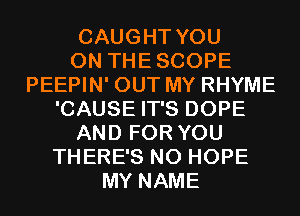 CAUGHT YOU
ON THESCOPE
PEEPIN' OUT MY RHYME
'CAUSE IT'S DOPE
AND FOR YOU
THERE'S N0 HOPE
MY NAME