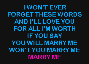 IWON'T EVER
FORGET THESEWORDS
AND I'LL LOVE YOU
FOR ALL I'M WORTH
IFYOU SAY
YOU WILL MARRY ME
WON'T YOU MARRY ME