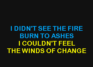 I DIDN'T SEE THE FIRE
BURN T0 ASHES
I COULDN'T FEEL
THEWINDS OF CHANGE