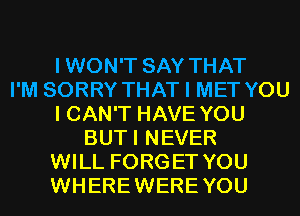 IWON'T SAY THAT
I'M SORRY THAT I MET YOU
I CAN'T HAVE YOU
BUTI NEVER
WILL FORGET YOU
WHEREWEREYOU