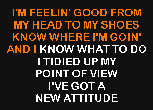 I'M FEELIN' GOOD FROM
MY HEAD TO MY SHOES
KNOW WHERE I'M GOIN'
AND I KNOW WHAT TO DO
ITIDIED UP MY
POINT OF VIEW
I'VE GOTA
NEW ATI'ITUDE