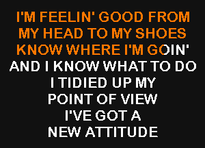 I'M FEELIN' GOOD FROM
MY HEAD TO MY SHOES
KNOW WHERE I'M GOIN'
AND I KNOW WHAT TO DO
ITIDIED UP MY
POINT OF VIEW
I'VE GOTA
NEW ATI'ITUDE