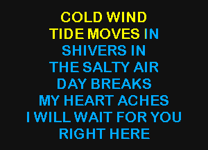 COLD WIND
TIDE MOVES IN
SHIVERS IN
THE SALTY AIR
DAY BREAKS
MY HEART ACHES

I WILL WAIT FOR YOU
RIGHT HERE I