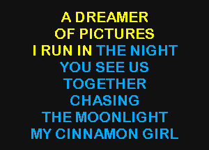 A DREAMER

0F PICTURES
I RUN IN THE NIGHT

YOU SEE US

TOGETHER

CHASING
THEMOONLIGHT

MYCINNAMON GIRL