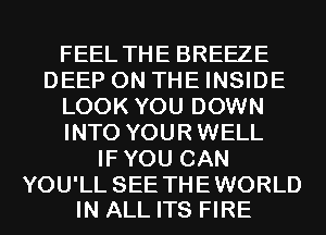 FEEL THE BREEZE
DEEP ON THE INSIDE
LOOK YOU DOWN
INTO YOURWELL
IFYOU CAN

YOU'LL SEE THE WORLD
IN ALL ITS FIRE