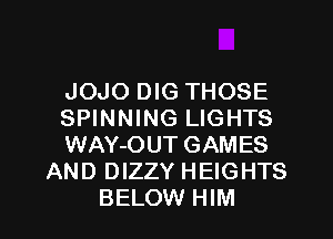 JOJO DIG THOSE
SPINNING LIGHTS
WAY-OUT GAMES
AND DIZZY HEIGHTS
BELOW HIM
