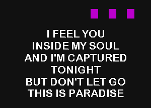 I FEEL YOU
INSIDEMY SOUL
AND I'M CAPTURED
TONIGHT
BUT DON'T LET GO

THIS IS PARADISE l