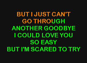 BUT I JUST CAN'T
G0 THROUGH
ANOTHER GOODBYE
I COULD LOVE YOU
SO EASY
BUT I'M SCARED TO TRY