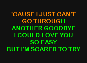 'CAUSE I JUST CAN'T
GO THROUGH
ANOTHER GOODBYE
I COULD LOVE YOU
SO EASY
BUT I'M SCARED TO TRY