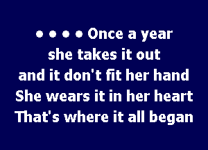 o o o 0 Once a year
she takes it out
and it don't fit her hand
She wears it in her heart
That's where it all began