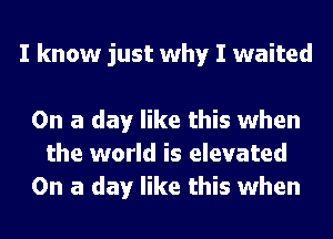 I know just why I waited

On a day like this when
the world is elevated
On a day like this when