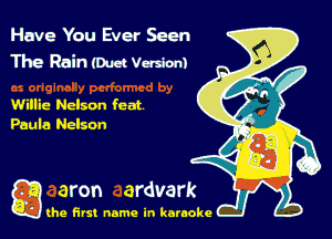 Have You Ever Seen
The Rain (Duet Version)

Willie Nelson feat
Paula Nelson

g the first name in karaoke