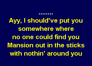 Ayy, I should've put you
somewhere where
no one could find you
Mansion out in the sticks
with nothin' around you