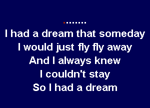 I had a dream that someday
I would just fly fly away
And I always knew
I couldn't stay
So I had a dream