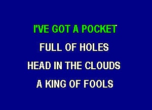 I'VE GOT A POCKET
FULL OF HOLES

HEAD IN THE CLOUDS
A KING OF FOOLS