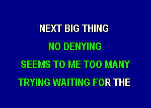 NEXT BIG THING
NO DENYING

SEEMS TO ME TOO MANY
TRYING WAITING FOR THE