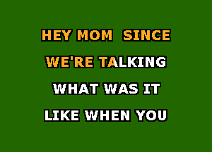 HEY MOM SINCE
WE'RE TALKING

WHAT WAS IT
LIKE WHEN YOU