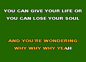 YOU CAN GIVE YOUR LIFE OR
YOU CAN LOSE YOUR SOUL

AND YOU'RE WONDERING
WHY WHY WHY YEAH