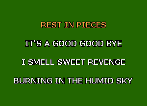 REST IN PIECES

IT'S A GOOD GOOD BYE

I SMELL SWEET REVENGE

BURNING IN THE HUMID SKY