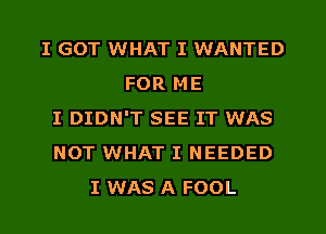 I GOT WHAT I WANTED
FOR ME
I DIDN'T SEE IT WAS
NOT WHAT I NEEDED
I WAS A FOOL