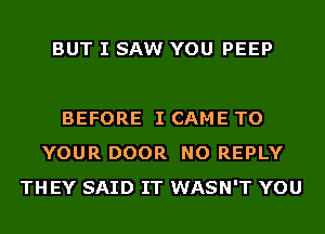 BUT I SAW YOU PEEP

BEFORE I CAME TO
YOUR DOOR NO REPLY
THEY SAID IT WASN'T YOU