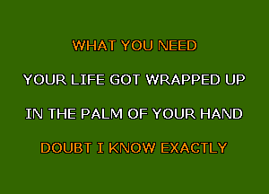 WHAT YOU NEED

YOUR LIFE GOT WRAPPED UP

IN THE PALM OF YOUR HAND

DOUBT I KNOW EXACTLY