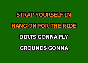 STRAP YOURSELF IN
HANG ON FOR THE RIDE
DIRTS GONNA FLY

GROUNDS GONNA

g