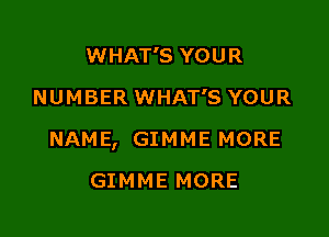 WHAT'S YOUR
NUMBER WHAT'S YOUR

NAME, GIMME MORE

GIMME MORE