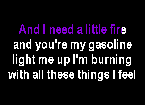And I need a little fire
and you're my gasoline

light me up I'm burning
with all these things I feel