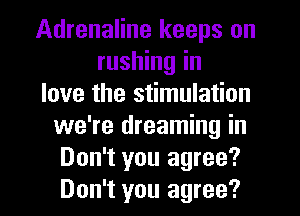 Adrenaline keeps on
rushing in
love the stimulation
we're dreaming in
Don't you agree?
Don't you agree?