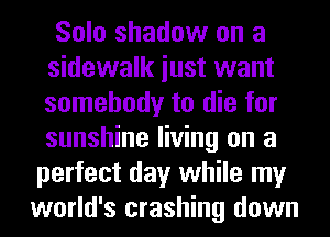 Solo shadow on a
sidewalk iust want
somebody to die for
sunshine living on a

perfect day while my
world's crashing down